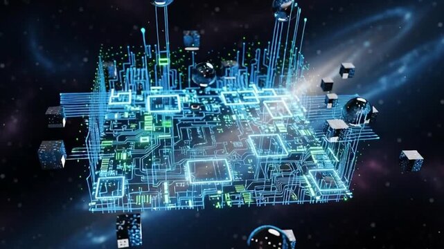 Abstract digital network circuit board with glowing blue and green lights in space