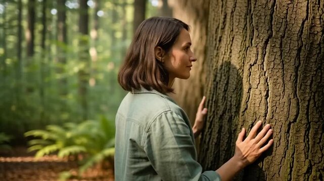 Woman enjoys forest nature, touching tree trunk with closed eyes in serene woodland