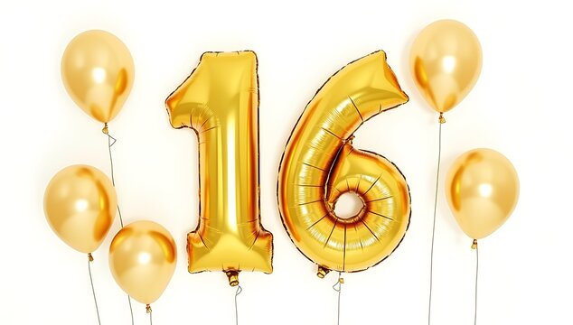 Golden Number 16 Balloons Celebrating Sweet Sixteen Birthday Party.