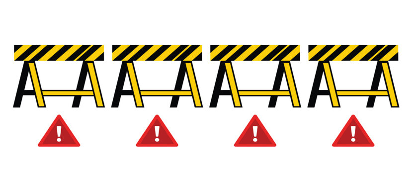 Construction roadblock warning barricade vector set. Yellow hazard striped sawhorses, red danger exclamation triangles, under maintenance roadworks, detours and facility security site zones.