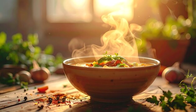 Steaming bowl of homemade soup cuisine.