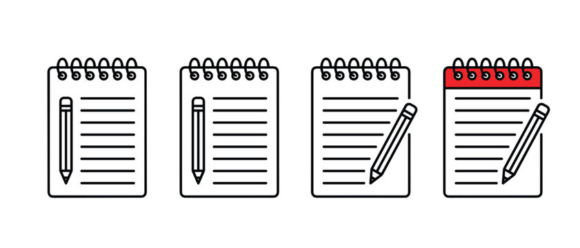 Spiral notepad memo paper line icon set. Writing pencils, lined notebook sheets, office corporate task planning, education diary notes, business scheduling lists and corporate documentation tools.