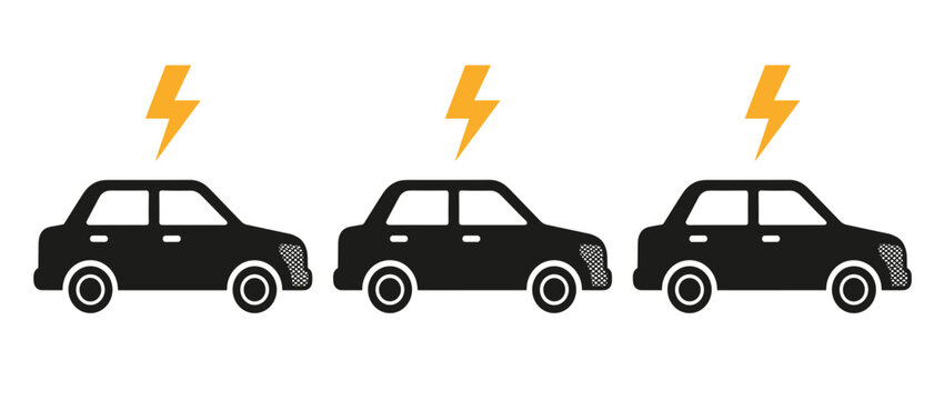 Electric vehicle clean energy car icon set. Eco friendly hybrid automobile fleet, lightning bolt mobility and climate conscious infrastructure symbols.