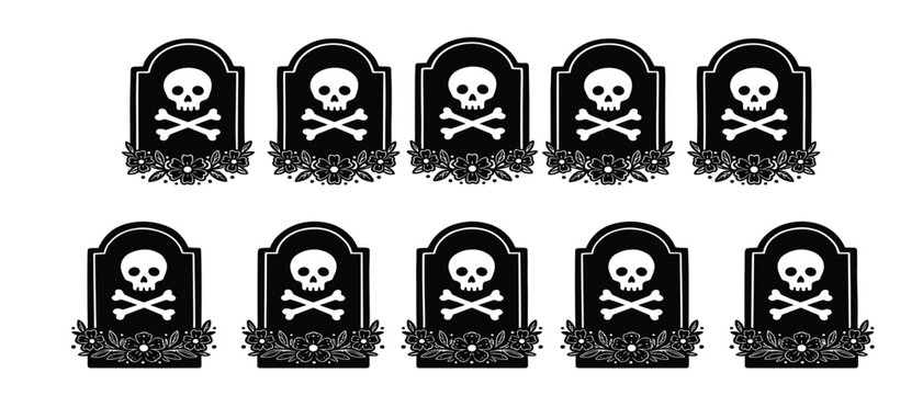 Halloween tombstone skull crossbones vector icon set. Graveyard headstone markers, spooky floral decorative frames.