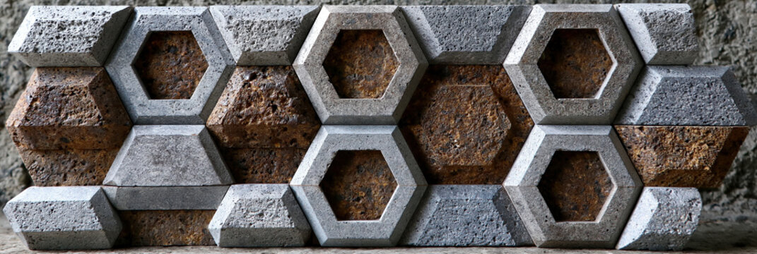 Hexagon brick texture geometric stone wall pattern outdoor hexagonal tile design rough concrete surface
