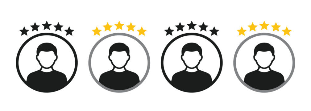 Customer review five star rating icon set. User profile avatar, black and yellow feedback badges, business testimonial scores, top ranking employer evaluation and digital interface service symbols.
