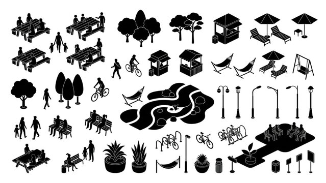 Park Landscape Planning Symbols Top View Garden Architecture Vector Collection