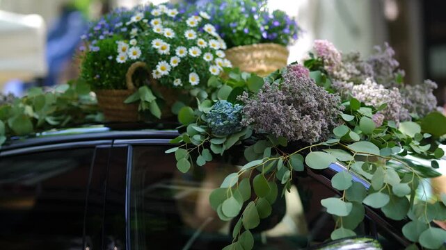 Elegant wedding car featuring a beautiful decoration of flowers and plants on the roof. The floral arrangement includes daisies and eucalyptus leaves