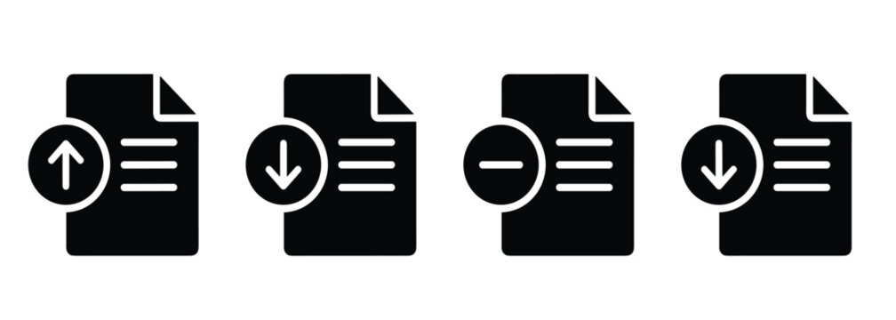 Document file transfer interface icon set. Upload and download arrows, data storage modification, digital text reports, cloud computing transfer and paper management menu symbols.