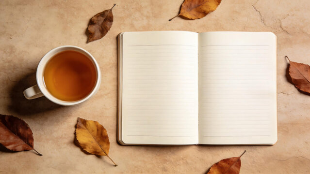 Open notebook and tea cup with autumn leaves