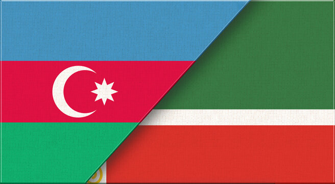 Double flag of Azerbaijan and Chechen Republic on fabric texture