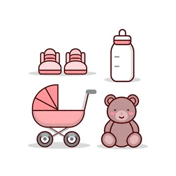 Cute cartoon baby with pink stroller and shopping bags vector illustration.