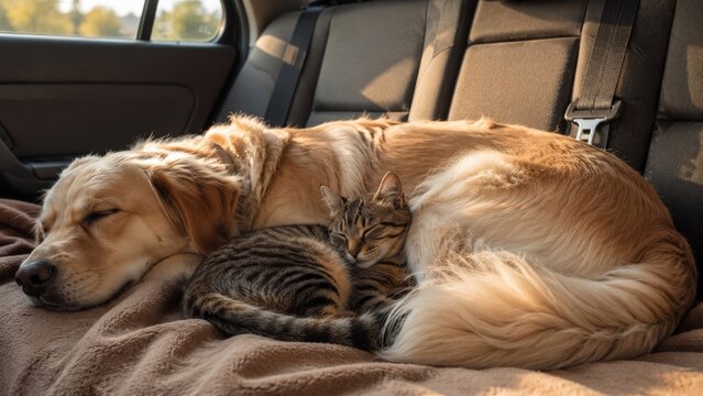 Golden retriever and tabby kitten sleeping together on backseat blanket during summer road trip, warm sunlight through car window 
