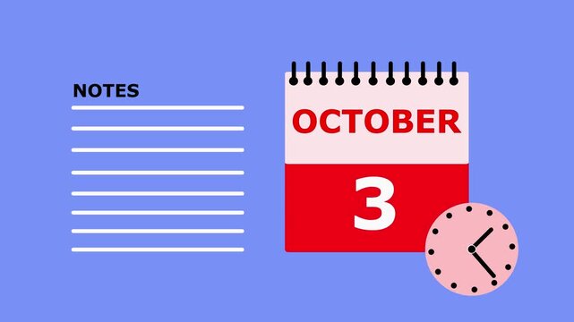 October 3rd calendar page with notes section on blue background date month.