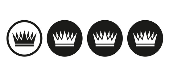 Minimalist royal crown circle icon set. Black and white geometric tiara logos, luxury branding elements, sovereign majesty symbols and premium corporate badges. © Mahamuda Studio 