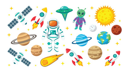 Outer space universe cartoon element set. Astronaut, rocket spaceship, planets, satellite, alien, flying saucer, sun, comet, galaxy stars and cosmic science astronomy icons. © Mahamuda Studio 
