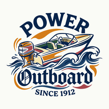 Vintage style nautical illustration of a classic power outboard motorboat cruising through stylized blue ocean waves with retro typography and a hand-drawn emblem aesthetic on white.