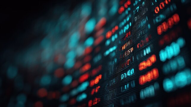 Abstract digital data stream with glowing red and blue financial market numbers and statistics