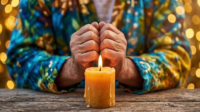 Elderly hands pressed in prayer around lit yellow candle on wooden table. Spiritual meditation and hope concept for humanitarian aid reflection and volunteering inspiration