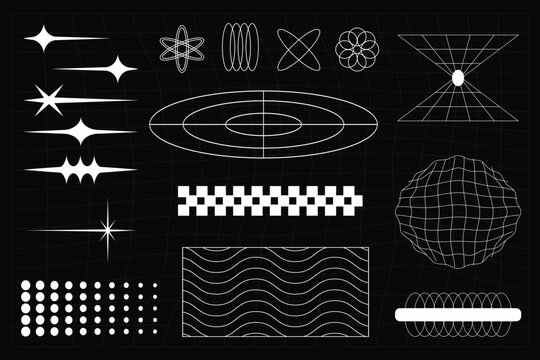 Y2K Aesthetic Geometric Star and Shape Elements Vector Set Futuristic Wireframe Geometric Elements and Starburst Vector Set
