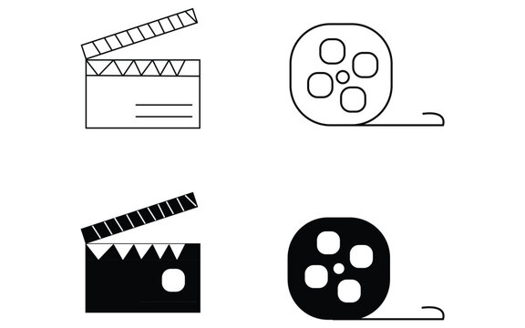 Film clapper board and movie reel icons for cinema and video production, minimalist vector symbols