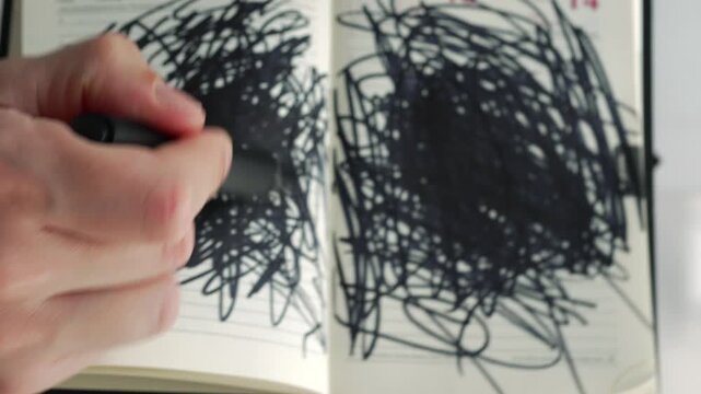 Drawing in a notebook with a black marker.
Drawing random lines and circles in a notebook with a black highlighter.