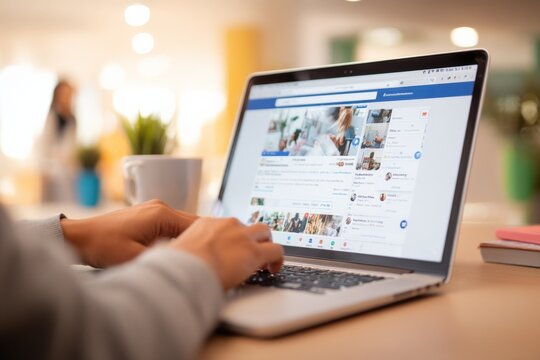 Person using laptop browsing social media feed with photos and posts, online connection concept