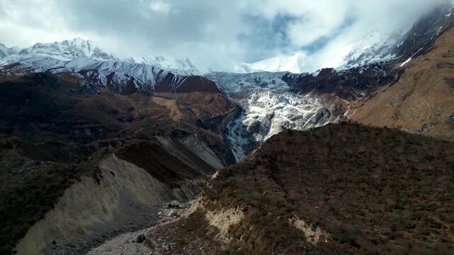 Aerial Flight Over Birendra Lake and Manaslu Glacier Near Manaslu Base Camp Trek, Nepal