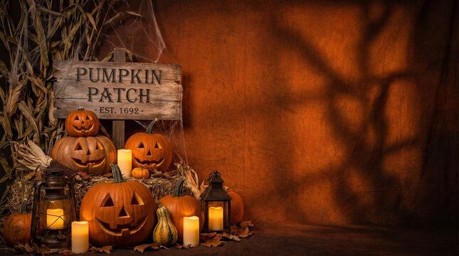Autumnal halloween scene with jack o lanterns and pumpkin patch sign