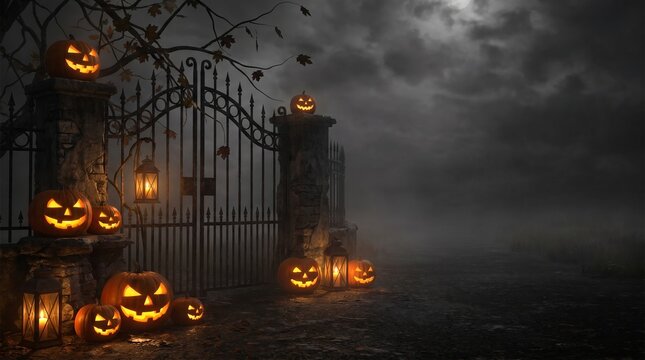Eerie halloween scene illuminated jack o' lanterns and wrought iron gate in a misty graveyard