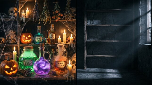 Halloween apothecary display with glowing potion bottles pumpkins and spooky decorations for seasonal marketing