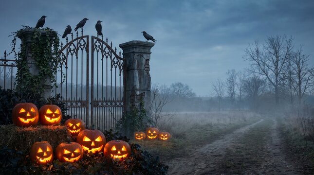 Spooky halloween scene with jack o lanterns and crows on a creepy gate