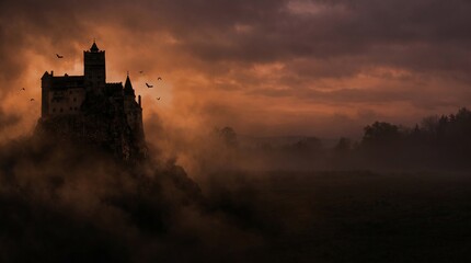 Dramatic gothic castle silhouette against a stormy sunset sky with fog and flying bats halloween aesthetic © Mst