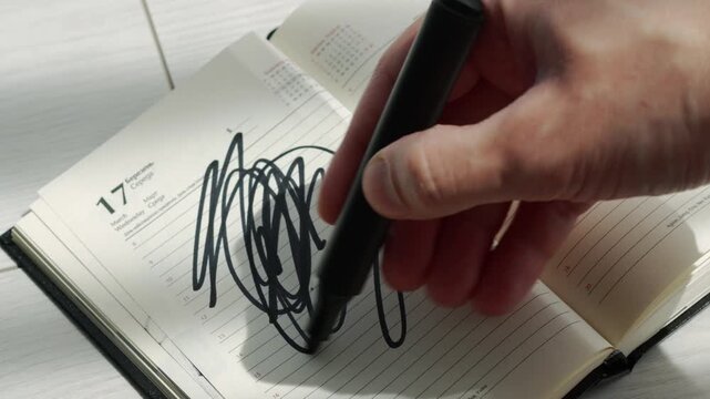 Drawing in a notebook with a black marker.
Close-up of a chaotic drawing in a notebook