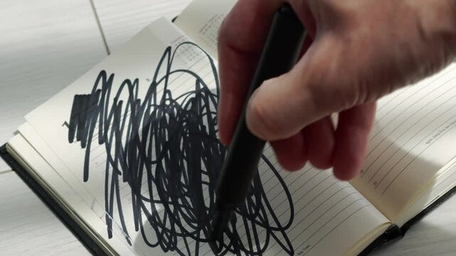Scribbles on a white sheet of paper with a black marker.
A person draws abstractions in a notebook, randomly coloring them with a felt-tip pen.