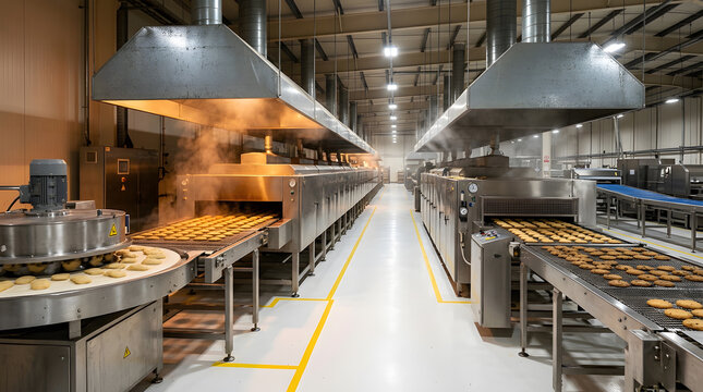 Industrial cookie manufacturing production line | Automated biscuit baking process in commercial factory | Large scale industrial food processing facility | Conveyor belt for freshly baked cookies