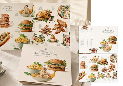 Elegant Watercolor Restaurant Menu PSD Template With AI Generated Food Illustrations
