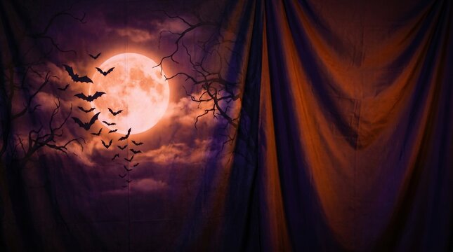 Spooky halloween night scene with full moon and bats