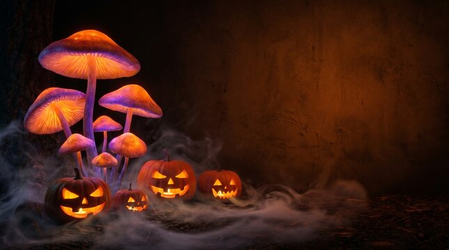 Eerie halloween scene glowing jack o' lanterns and bioluminescent mushrooms in a misty forest