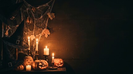 Halloween still life with witch hat pumpkins and candles spooky autumnal decoration scene © Mst