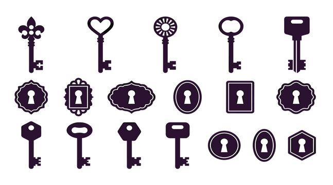 Vintage keys and keyholes silhouette vector illustration. Antique heart key, decorative ornate frame, safe lock opening, secret door access and mystical fairytale keyhole set.