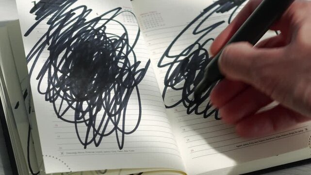 Scribbles on a white sheet of paper with a black marker.
A person draws abstractions in a notebook, randomly coloring them with a felt-tip pen.