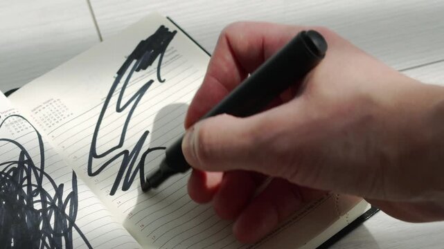 A close-up of scribbles in a notebook.
Black marker drawing, curved lines, abstract