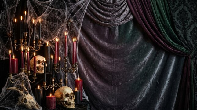 Dramatic halloween still life with skulls and candelabras dark gothic interior decor