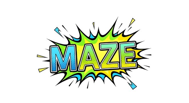 Bright comic-style typography logo featuring the word &ldquo;Maze&rdquo; with colorful gradient lettering and dynamic explosion effects. Ideal for gaming brands, comic projects, posters, stickers, social media.