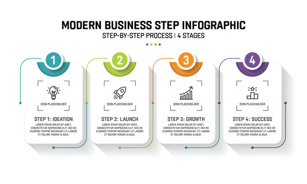 Modern business step infographic displaying a four stage horizontal process