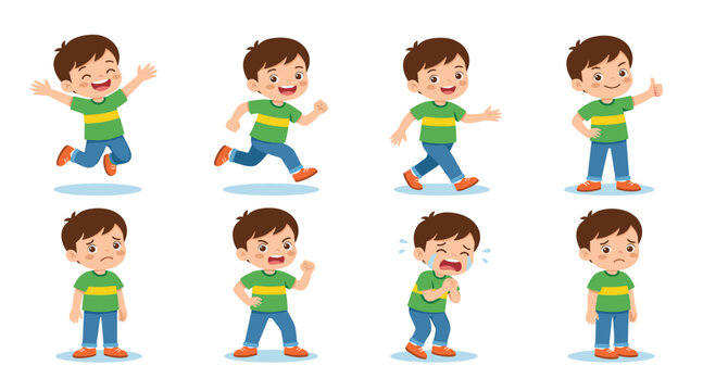 Cute boy cartoon character emotions vector illustration. Happy jumping, running action, walking, thumbs up, angry mood, crying and sad tears.