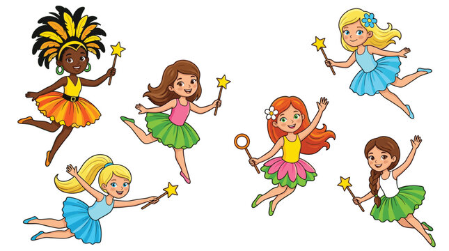 Cute cartoon little fairies flying vector illustration. Magic wand star, colorful dress tutu, blonde flying pixie, cheerful girl magic, princess costume wing.