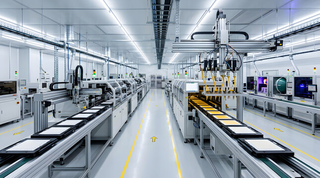 Automated LED chip assembly line | Semiconductor manufacturing plant cleanroom | Robotic production facility for electronics | Smart factory technology for microchip testing