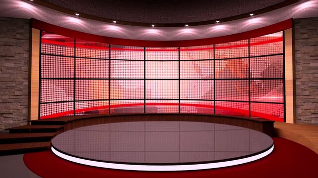 Modern TV Studio Set with Large LED Screen and Circular Stage for Broadcast
